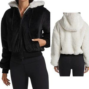 Blanc Noir Luxe Faux Shearling Fur Hoodie Reversible Jacket Black Large NWOT